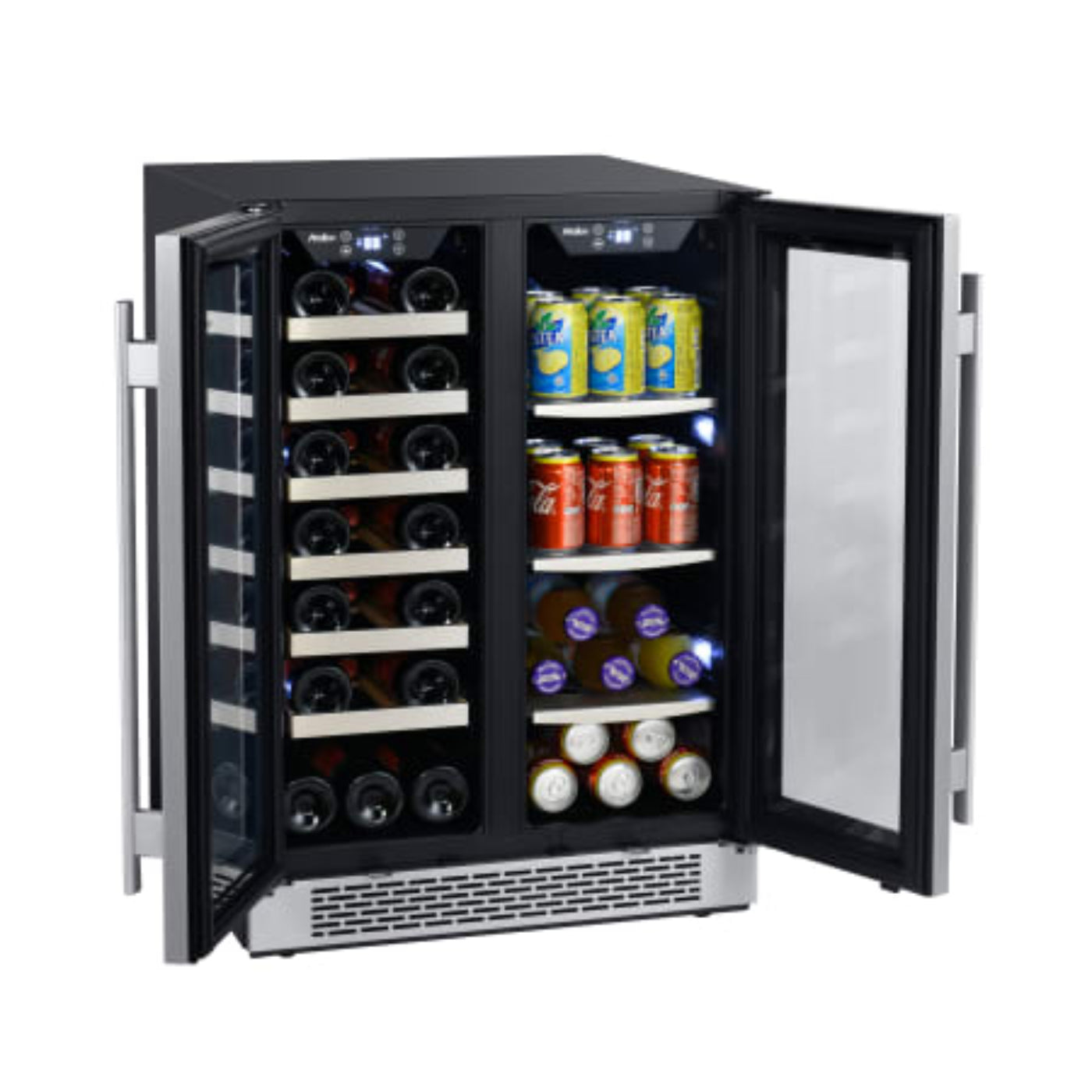 Avallon 24 Inch Wide 21 Bottle Capacity 64 Can Capacity Beverage Center with LED Lighting and Double Pane Glass - AWBC241GGFDBLSS