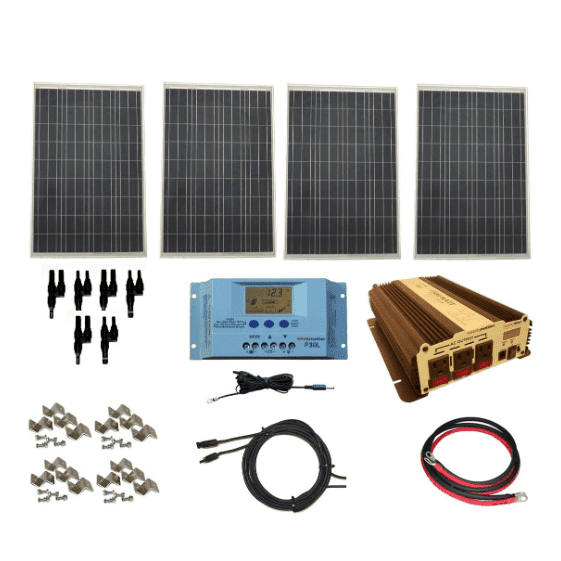 WindyNation Complete 400 Watt Solar Panel Kit with 3000W VertaMax Power Inverter for 12 Volt Battery Systems and Remote Switch Standard 12 AWG New - SOK-400WPI-30RS