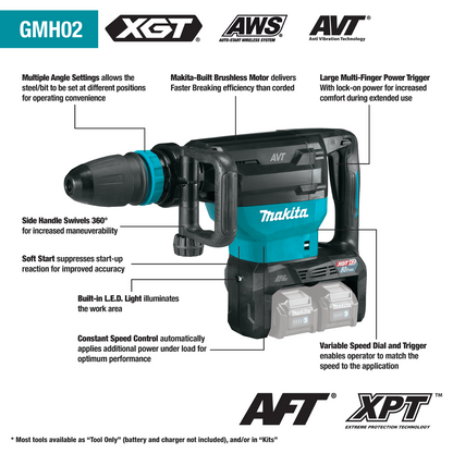 Makita 80V Max (40V Max X2) XGT Brushless 28 lb. AVT Demolition Hammer Kit, accepts SDS-MAX bits, AWS Capable - GMH02PM