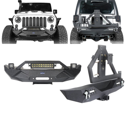 Hooke Road Blade Stubby Front Bumper w/ 60W Work Light Bar & Different Trail Rear Bumper w/Tire Carrier Combo(07-18 Jeep Wrangler JK JKU) - HE.2031B+HE.2028A+HE.2028B