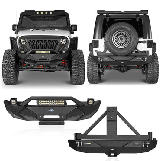 Hooke Road Blade Stubby Front Bumper w/ 60W Work Light Bar & Different Trail Rear Bumper w/Tire Carrier Combo(07-18 Jeep Wrangler JK JKU) - HE.2031B+HE.2029A+HE.2029B