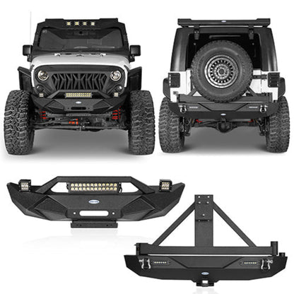 Hooke Road Blade Stubby Front Bumper w/ 60W Work Light Bar & Different Trail Rear Bumper w/Tire Carrier Combo(07-18 Jeep Wrangler JK JKU) - HE.2031B+HE.2029A+HE.2029B