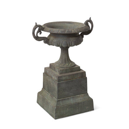 Park Hill Collection Cast Iron Terrace Urn on Plinth – Elegant Weathered Metal Planter for Stunning Outdoor Décor - ECM36144