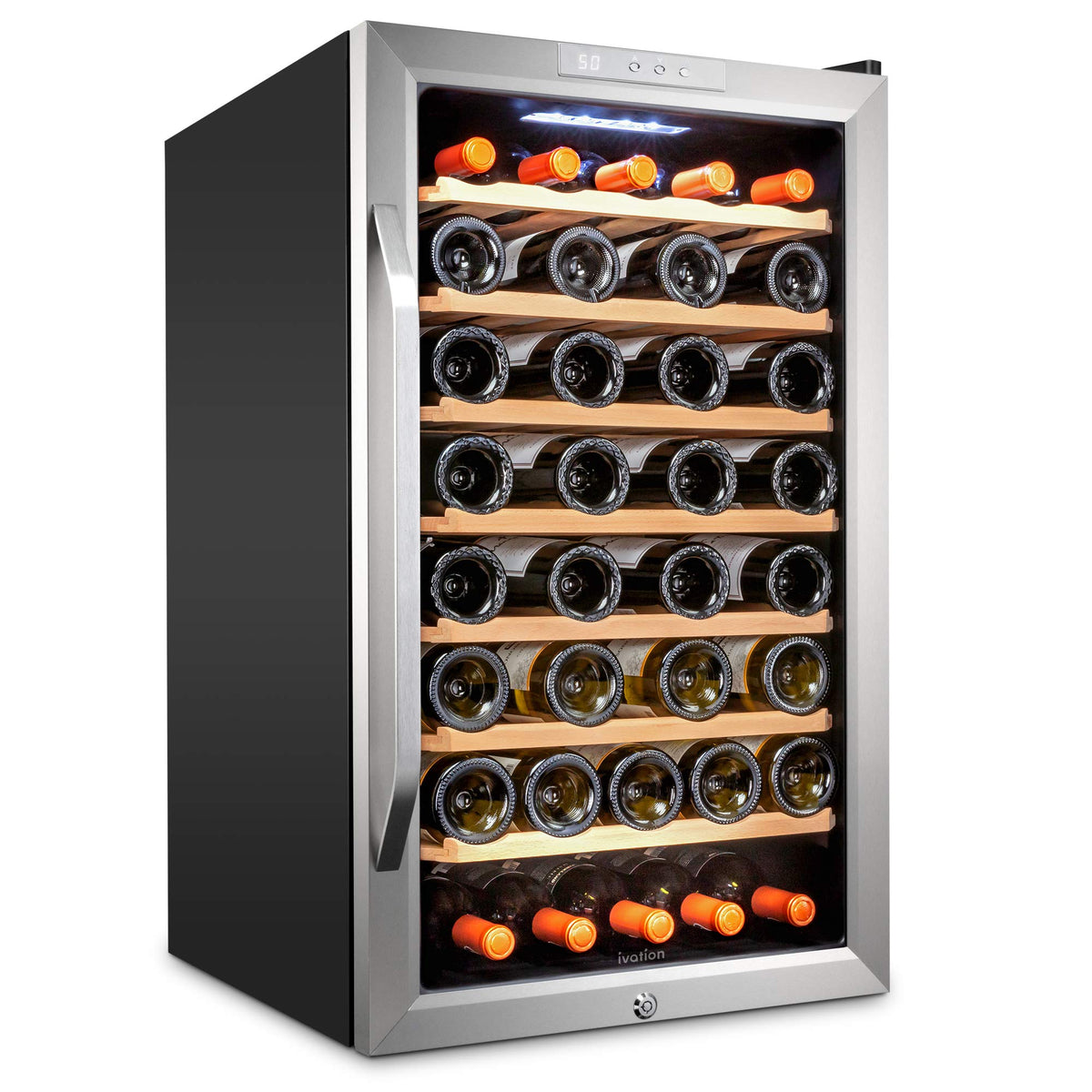 Ivation 51 Bottle Compressor Wine Refrigerator, Freestanding Wine Cooler with Lock, Stainless Steel - IVFWCC511LWSS