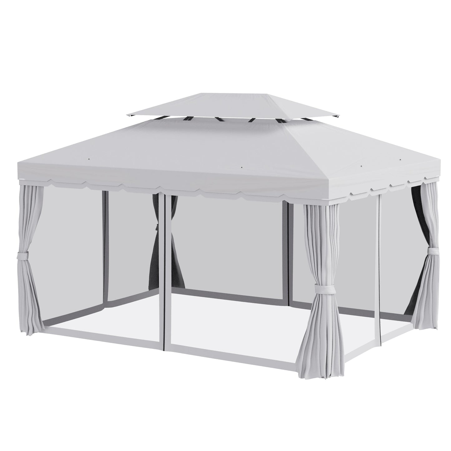 Outsunny 10' x 13' Patio Gazebo with Aluminum Frame, Double Roof, Netting & Light Gray Curtains - 84C-101