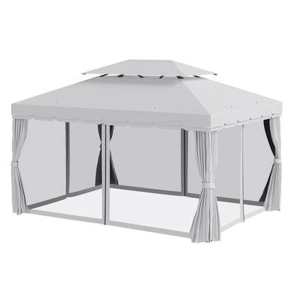 Outsunny 10' x 13' Patio Gazebo with Aluminum Frame, Double Roof, Netting & Light Gray Curtains - 84C-101