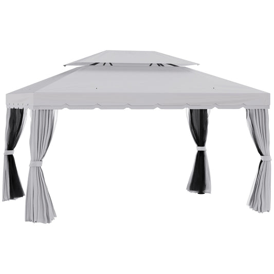 Outsunny 10' x 13' Patio Gazebo with Aluminum Frame, Double Roof, Netting & Light Gray Curtains - 84C-101