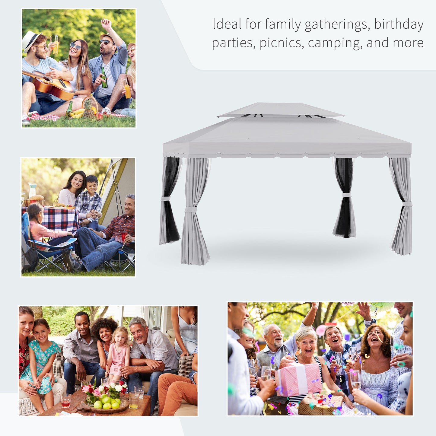 Outsunny 10' x 13' Patio Gazebo with Aluminum Frame, Double Roof, Netting & Light Gray Curtains - 84C-101