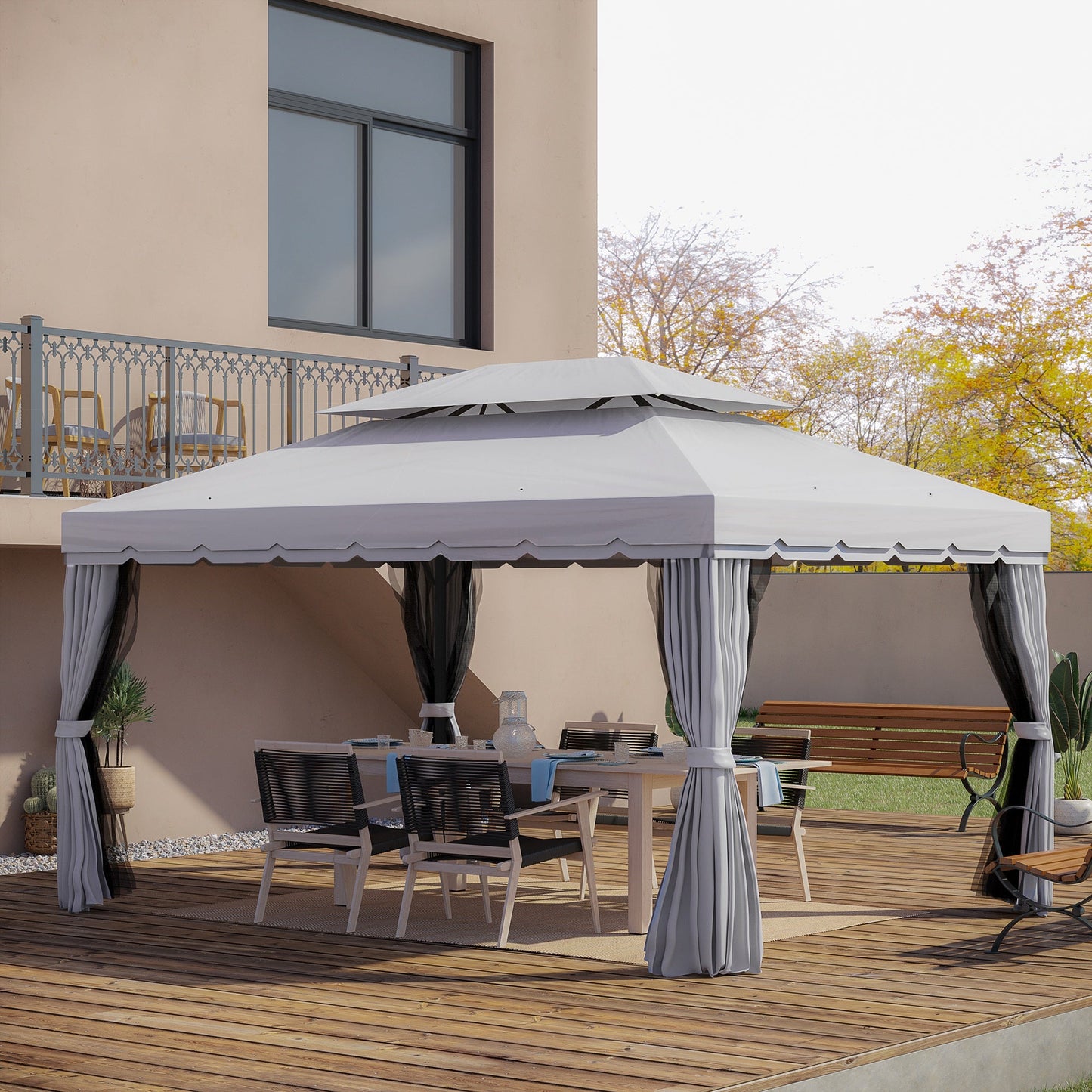Outsunny 10' x 13' Patio Gazebo with Aluminum Frame, Double Roof, Netting & Light Gray Curtains - 84C-101