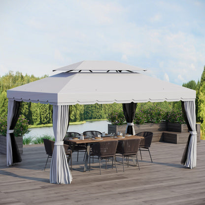 Outsunny 10' x 13' Patio Gazebo with Aluminum Frame, Double Roof, Netting & Light Gray Curtains - 84C-101