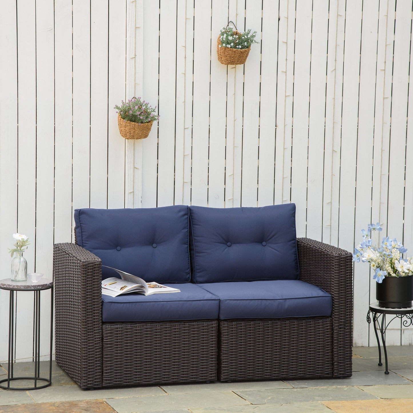 Outsunny 2-Piece Patio Corner Sofa Set with Curved Armrests &amp; Padded Cushions, Dark Blue - 860-204DB