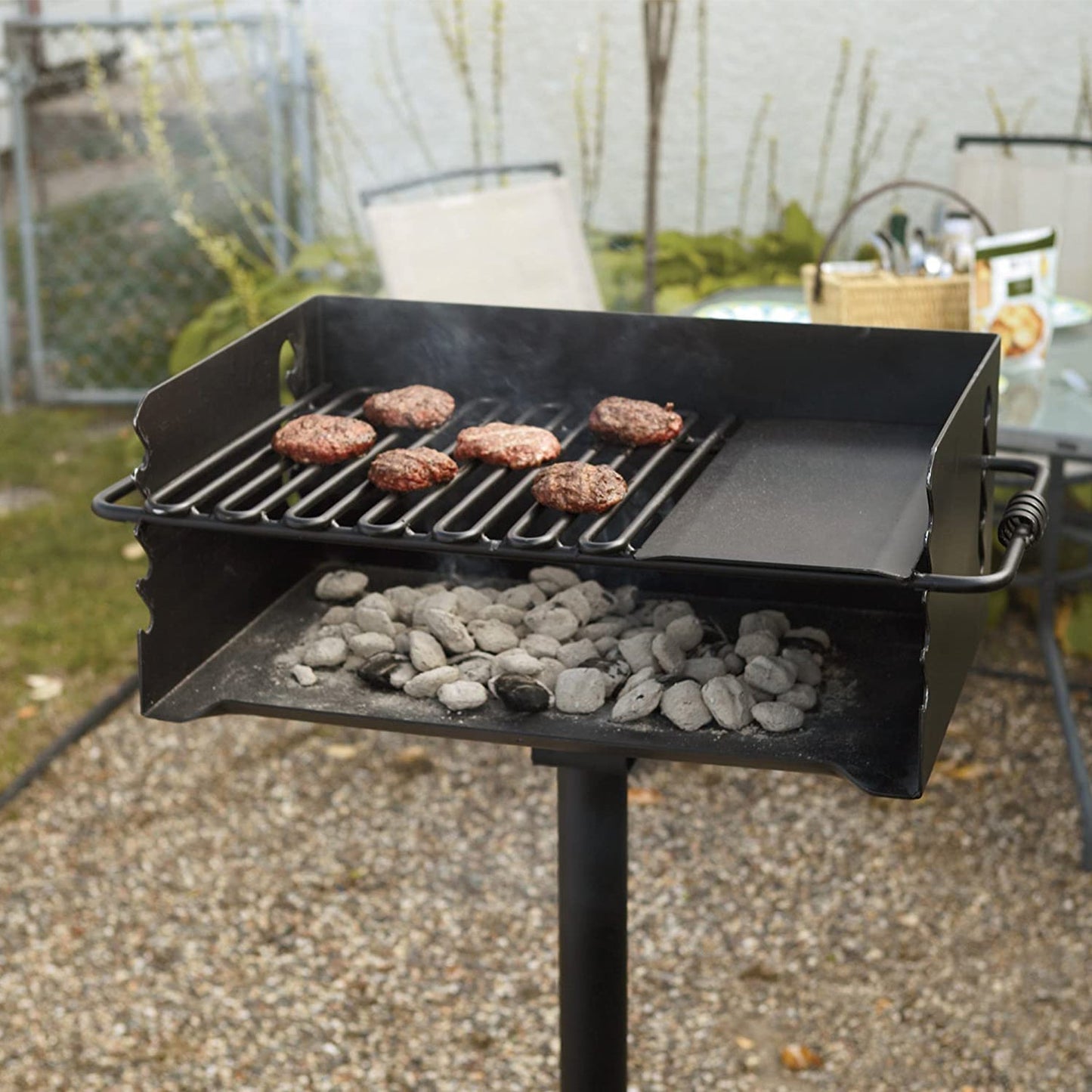 Pilot Rock Jumbo Park Style Steel Outdoor BBQ Charcoal Grill and Post, Black - 253217