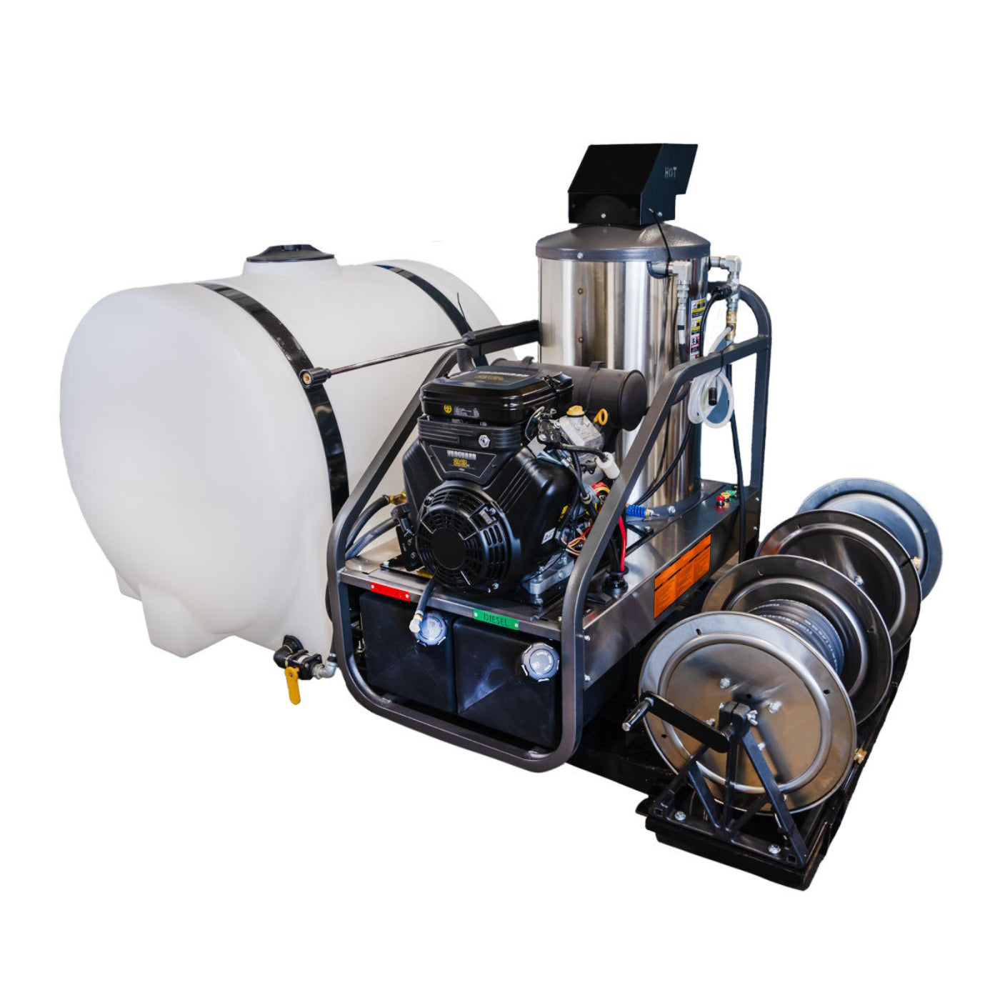 CleanFreak 8.0 GPM Hot Water Pressure Washing Skid w/ Tank, Reels & Spray Gun (Gas Engine) – 3,500 PSI - WET-APODCF4-0002