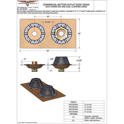 Copperlab Commercial Bottom Outlet Roof Drain with Overflow -  RDCRD2NH