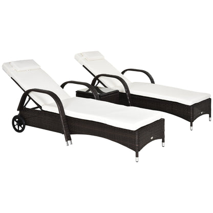 Outsunny 3-Piece Patio Chaise Lounge Chair with Table, 5-Level Adjustable Backrest & Wheels, Brown - 862-011BN