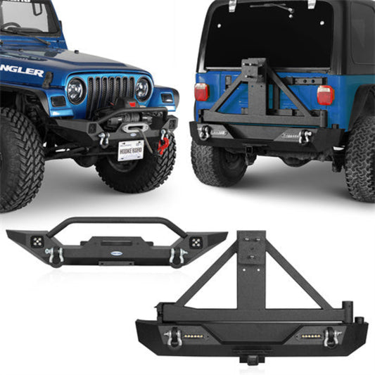 Hooke Road Different Trail Front Bumper & Rear Bumper w/Tire Carrier Combo(87-06 Jeep Wrangler TJ & Wrangler YJ) - HE.1010A+HE.1010B+HE.1012