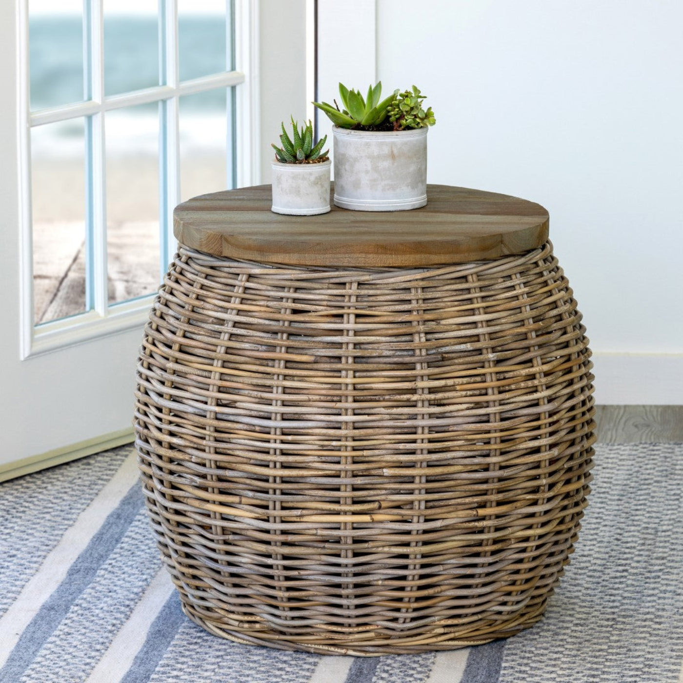 Park Hill Collection Rattan Side Table with Removable Teak Top - EFT16008