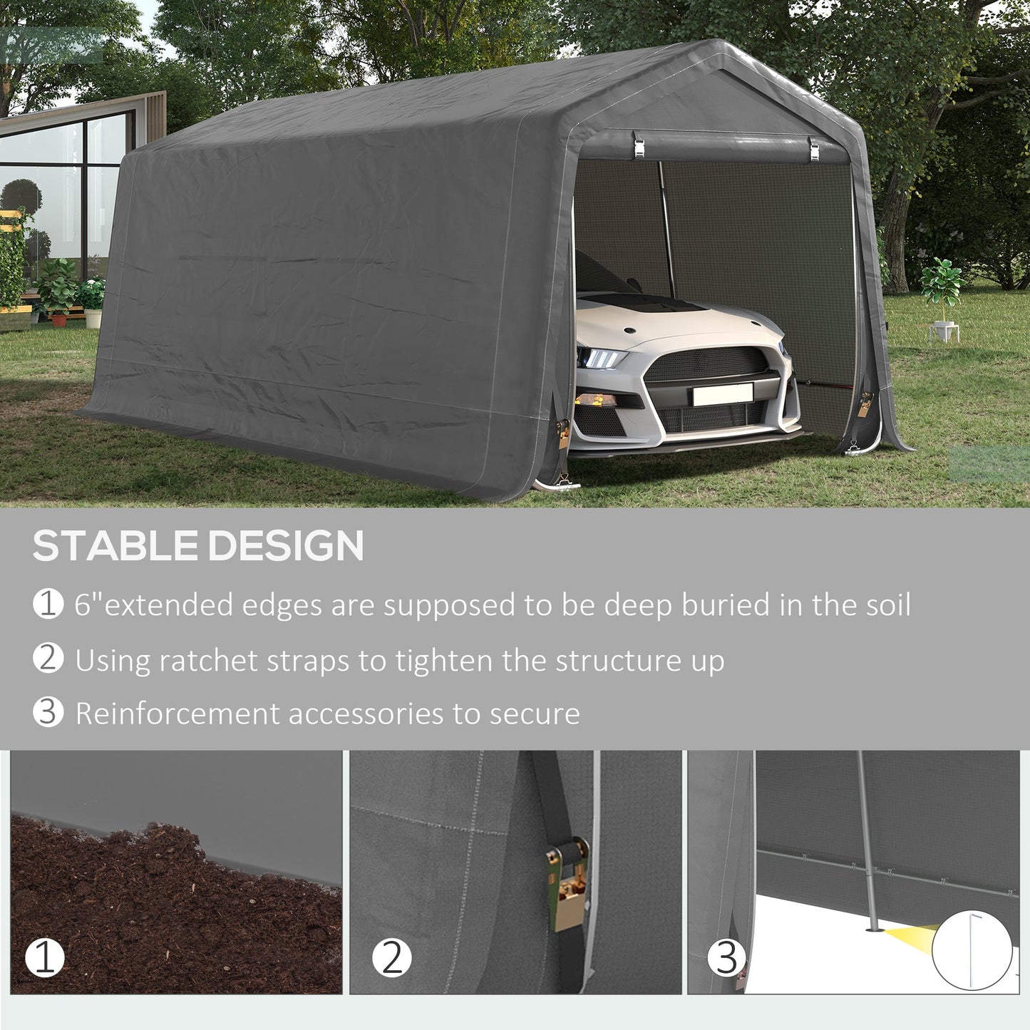 Outsunny 10' x 20' Portable Carport, Heavy-Duty Storage Tent, Anti-UV PE Cover, Double Zipper Doors, Gray - 84C-380V00GY