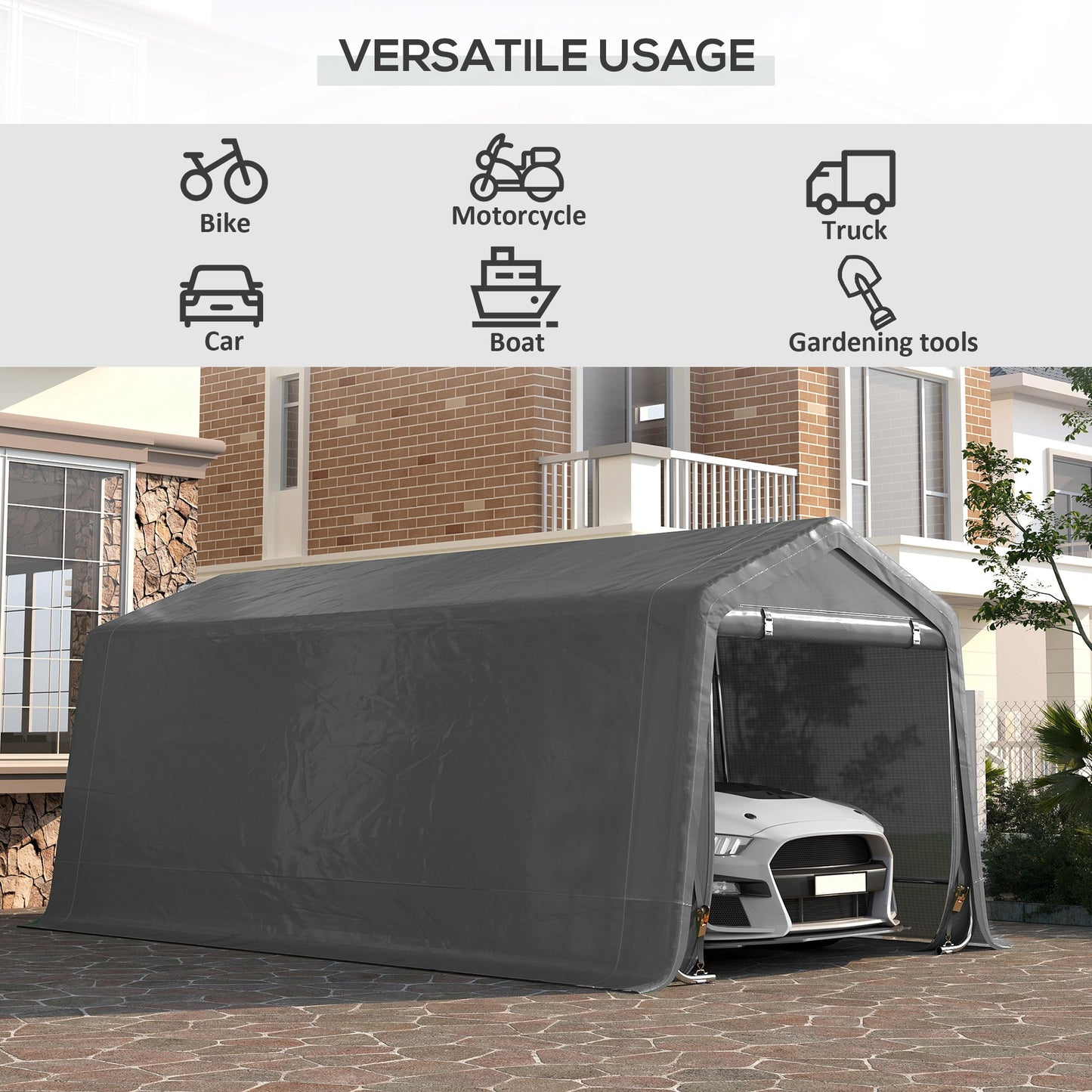 Outsunny 10' x 20' Portable Carport, Heavy-Duty Storage Tent, Anti-UV PE Cover, Double Zipper Doors, Gray - 84C-380V00GY