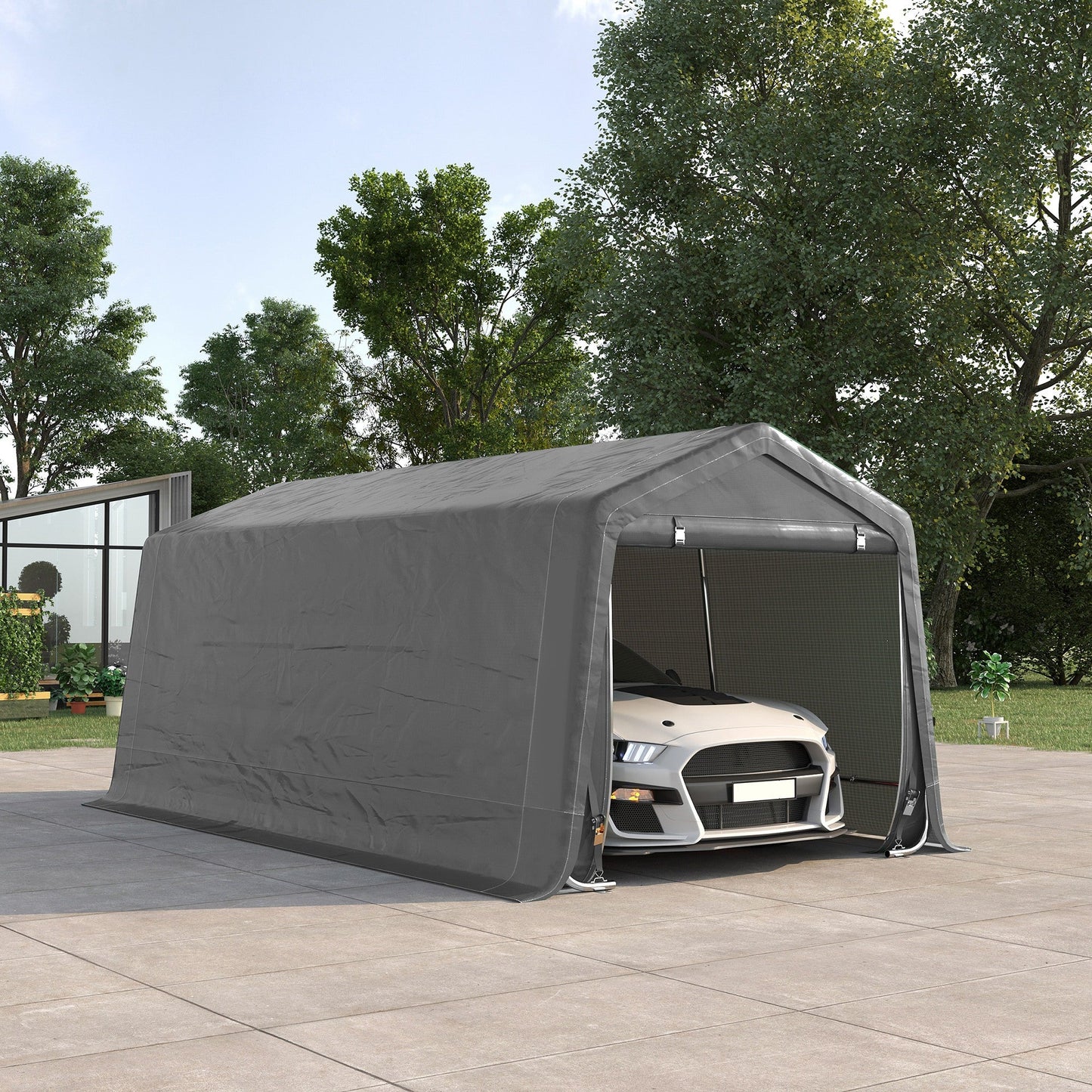Outsunny 10' x 20' Portable Carport, Heavy-Duty Storage Tent, Anti-UV PE Cover, Double Zipper Doors, Gray - 84C-380V00GY