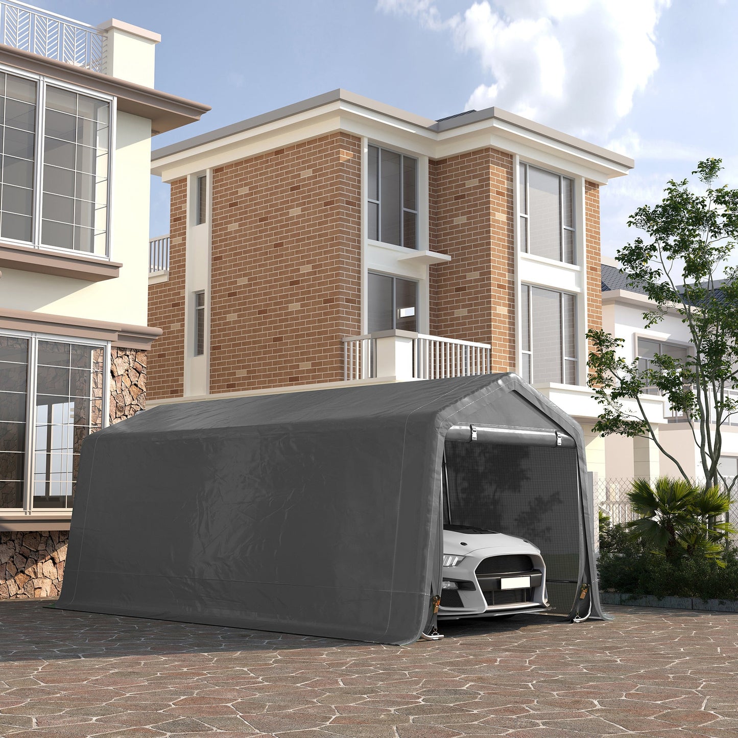 Outsunny 10' x 20' Portable Carport, Heavy-Duty Storage Tent, Anti-UV PE Cover, Double Zipper Doors, Gray - 84C-380V00GY