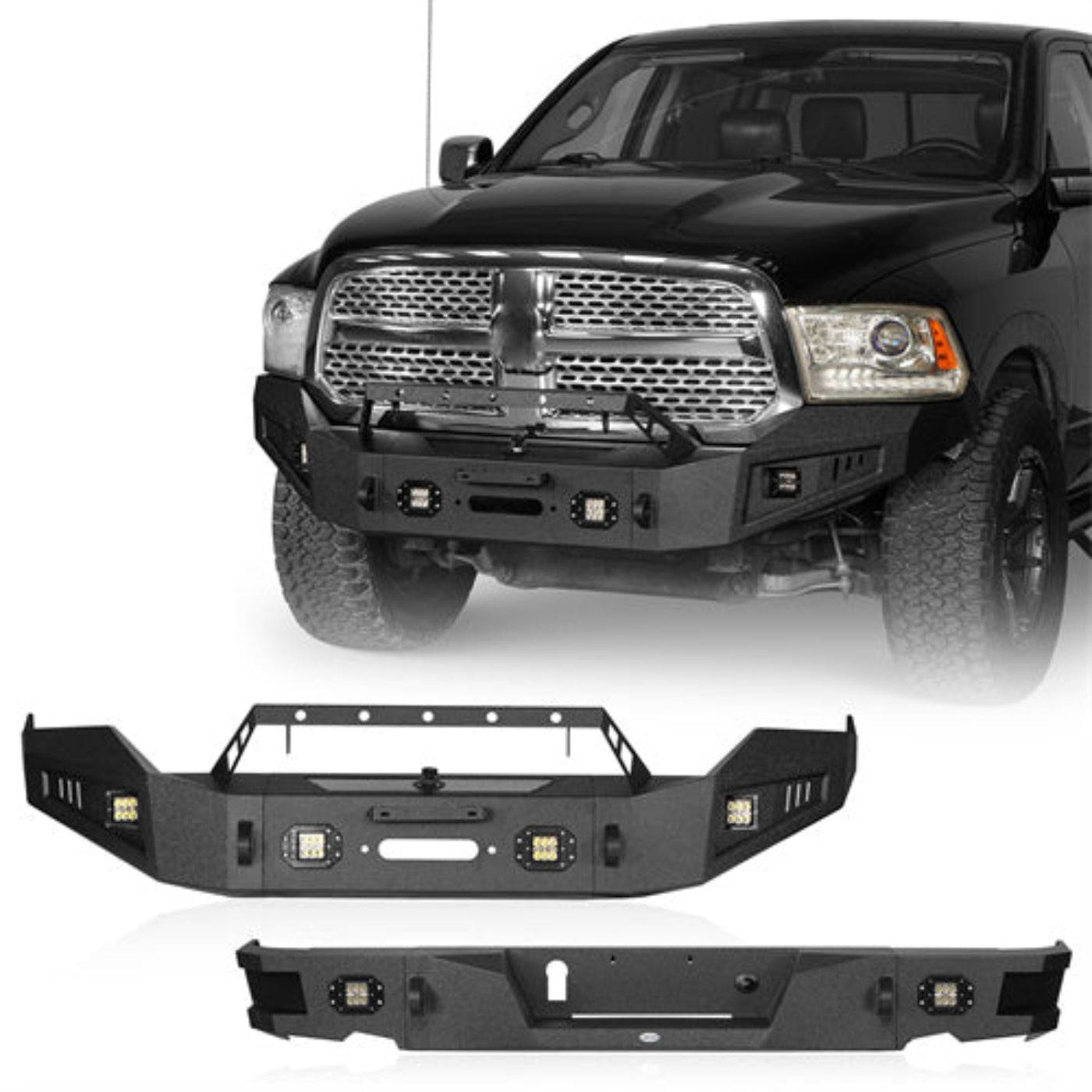 Hooke Road Dodge Ram Full Width Front Bumper & Rear Bumper(13-18 Dodge Ram 1500,Excluding Rebel) - HE.6001A+HE.6001B+HE.6002
