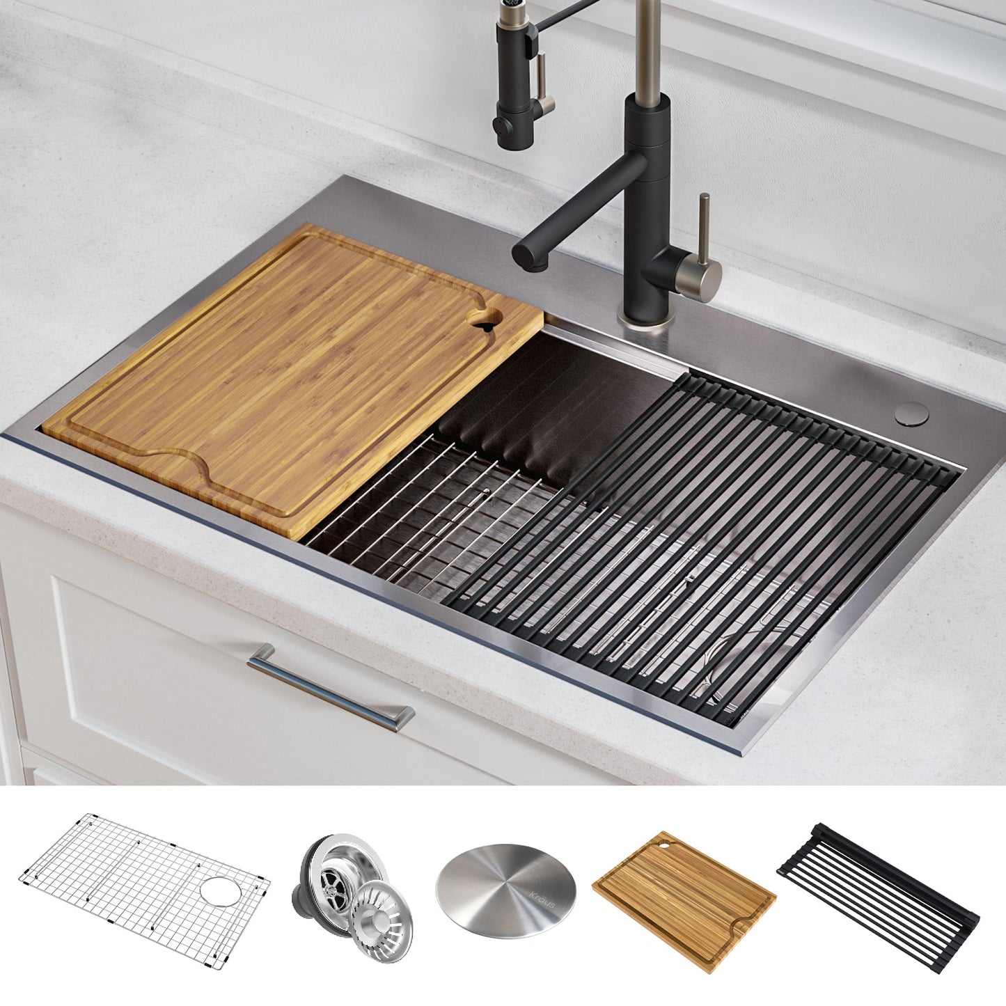 KRAUS Kore 30" Drop-In Workstation 16 Gauge Stainless Steel Single Bowl Kitchen Sink with Accessories - KWT310-30