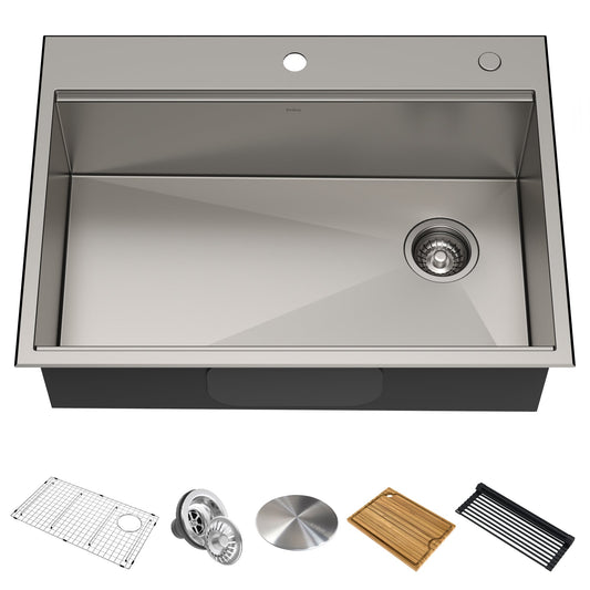KRAUS Kore 30" Drop-In Workstation 16 Gauge Stainless Steel Single Bowl Kitchen Sink with Accessories - KWT310-30