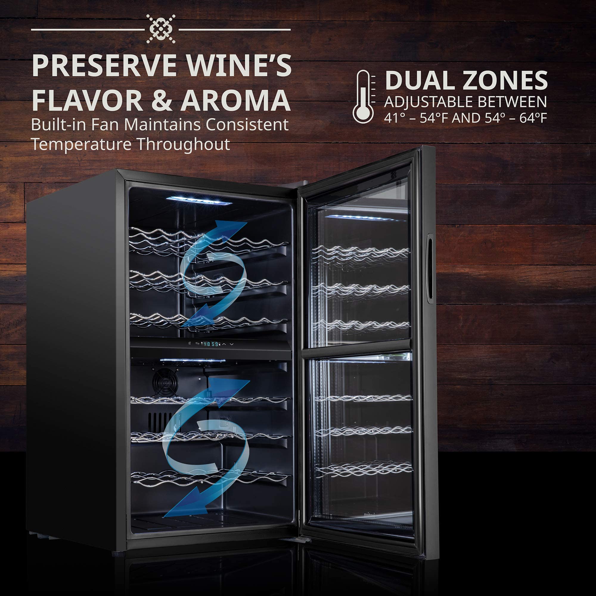 Ivation 43 Bottle Freestanding Wine Refrigerator, Dual Zone Wine Fridge with Lock, Black - IVFWCC431DLB