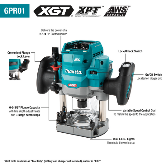 Makita GPR01Z 40V max XGT Brushless Cordless 2‑1/4 HP Plunge Router, Tool Only - GPR01Z