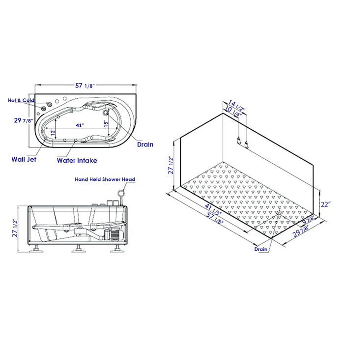 EAGO 57'' White Acrylic Corner Jetted Whirlpool Bathtub W/ Fixtures AM175-L