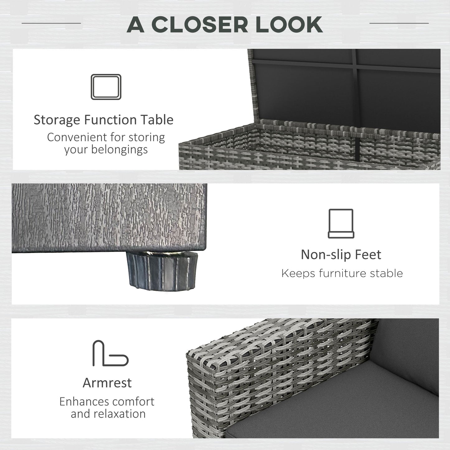 Outsunny 5 Piece Patio Furniture Set with Sofa, Loveseat, Storage Table, Cushions, Dark Gray - 860-309V00GG