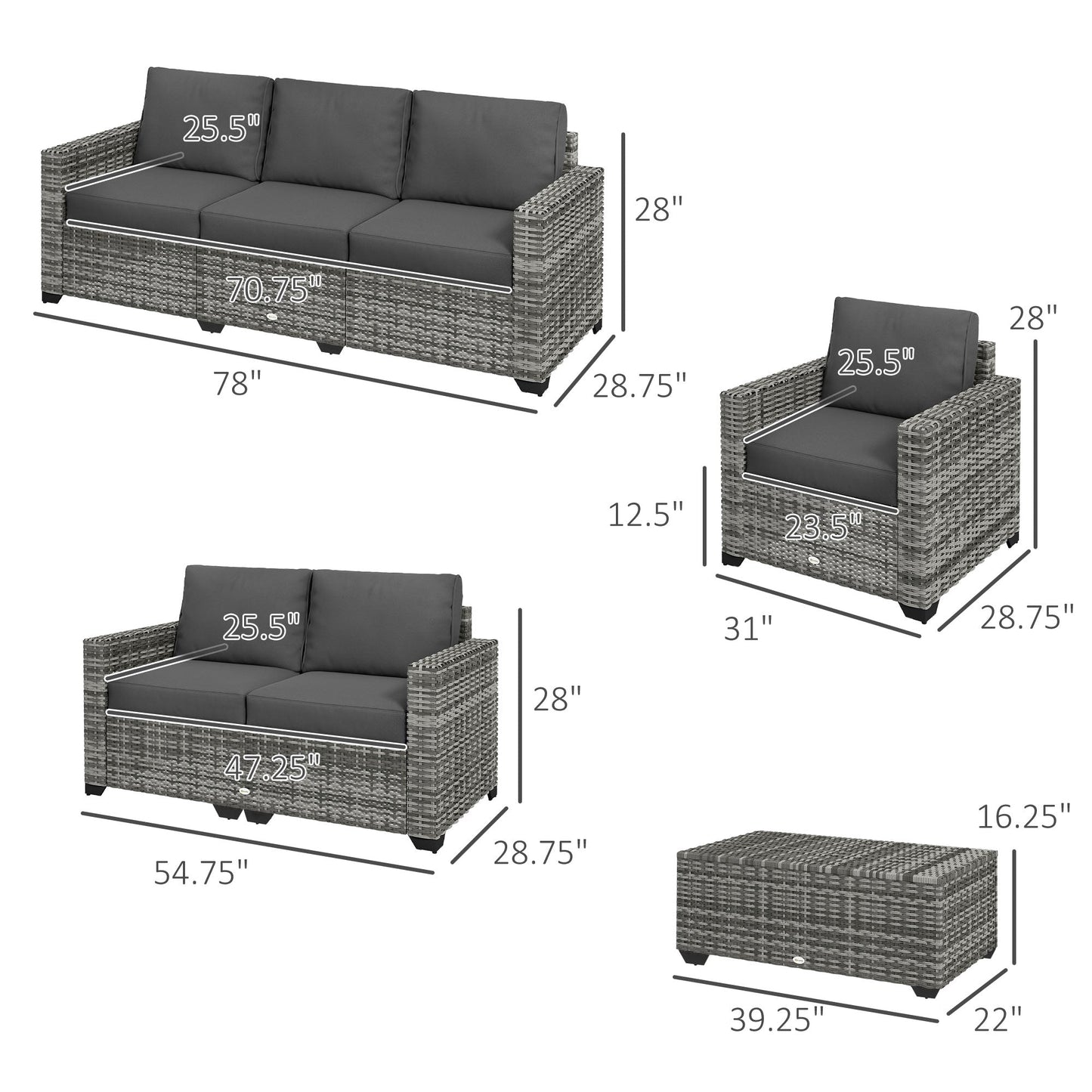 Outsunny 5 Piece Patio Furniture Set with Sofa, Loveseat, Storage Table, Cushions, Dark Gray - 860-309V00GG