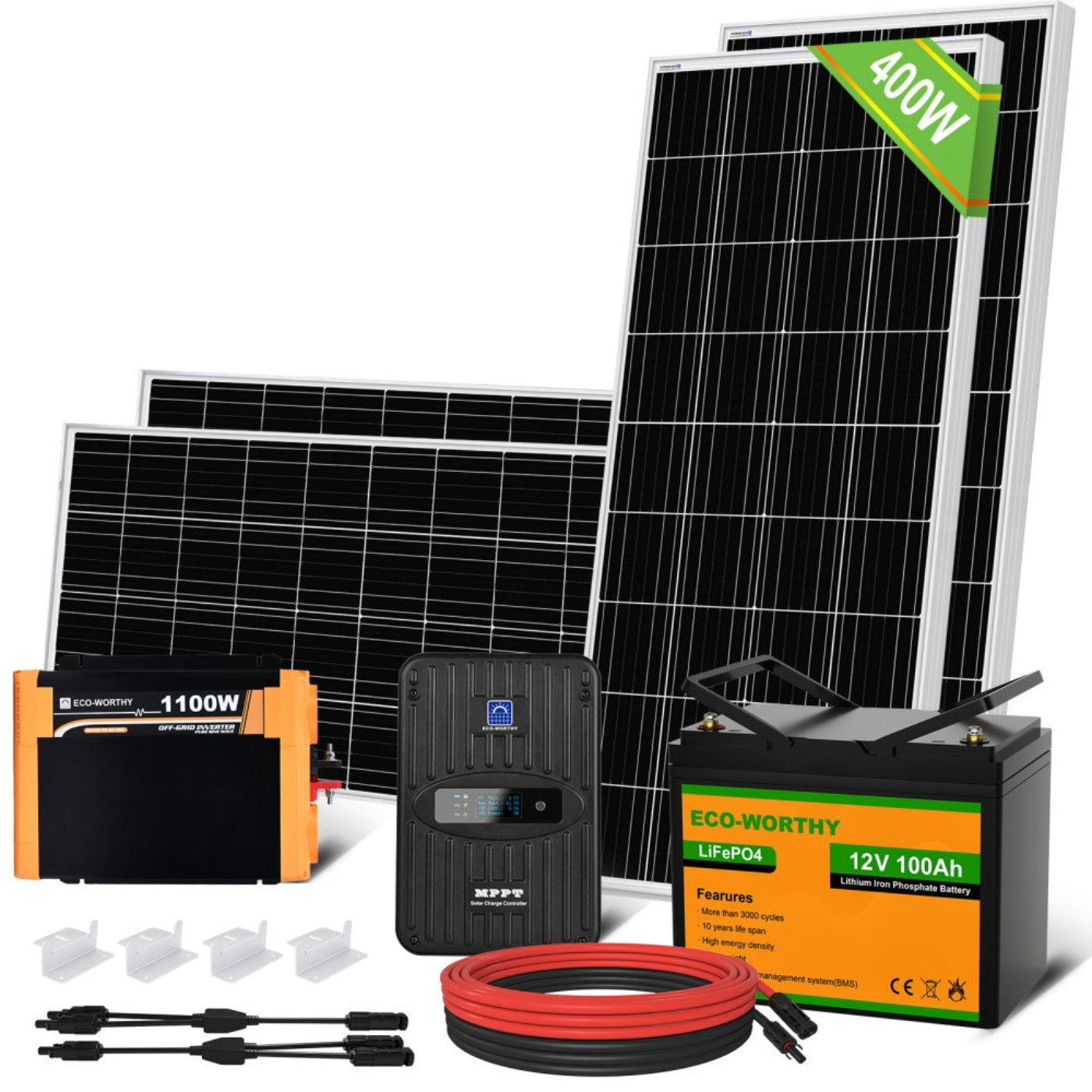 400W 12V (4x100W) Complete MPPT Off Grid Solar Kit - US-L02M100N-MCWMZIUS1000L100-4