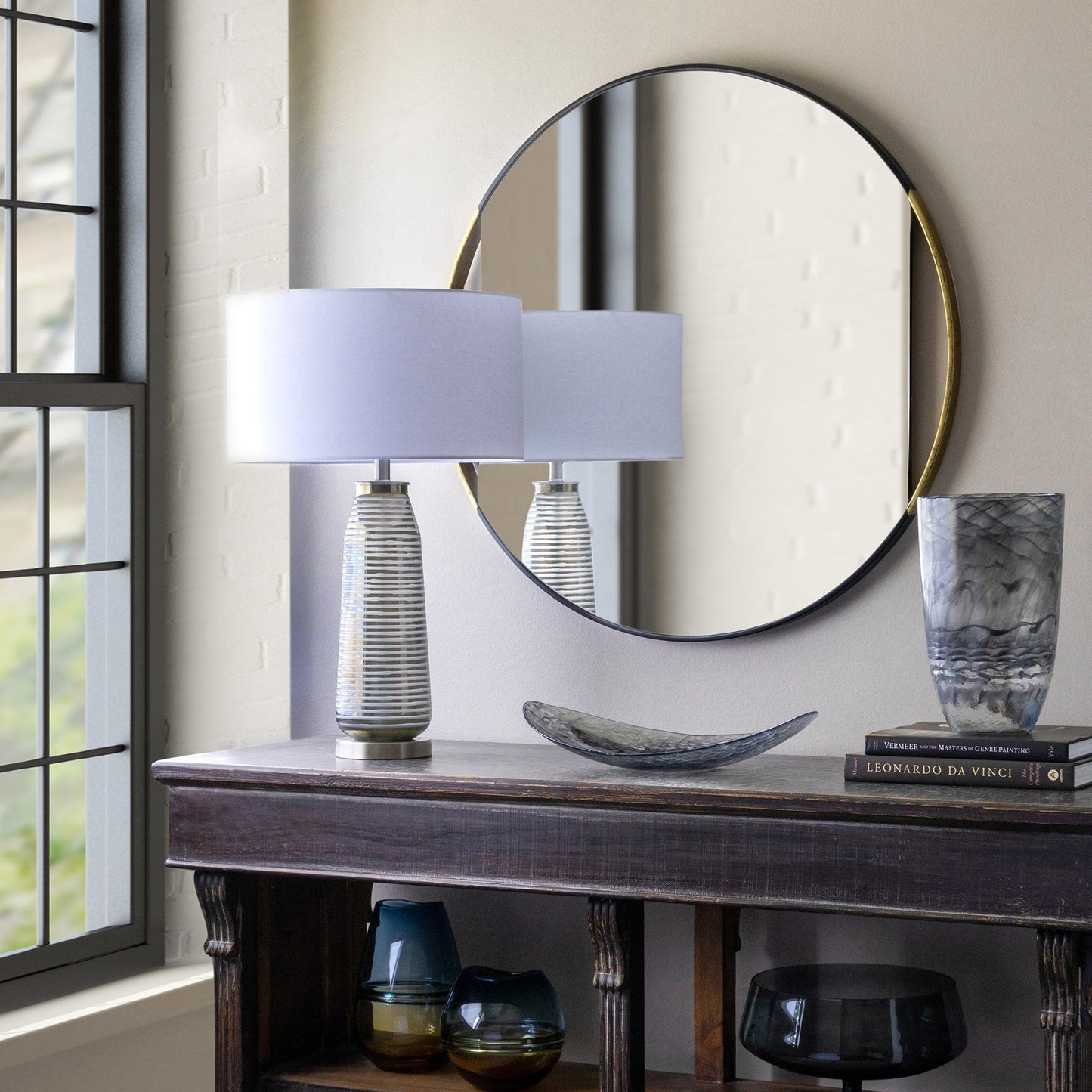 Park Hill Collection Clark Geometric Round Mirror with Antique Gold Rim - Elevate Your Modern Home Décor Today! - EWI20236