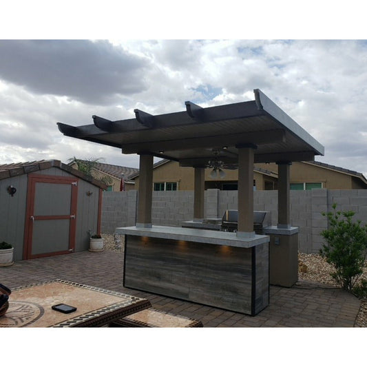 KoKoMo BBQ Island with Pergola 4 Burner BBQ Grill Wood Siding and Fan - Baja-Wood-Siding-Top