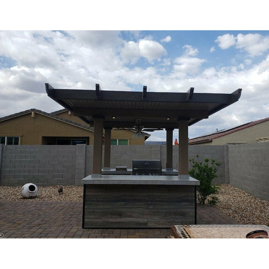KoKoMo BBQ Island with Pergola 4 Burner BBQ Grill Wood Siding and Fan - Baja-Wood-Siding-Top