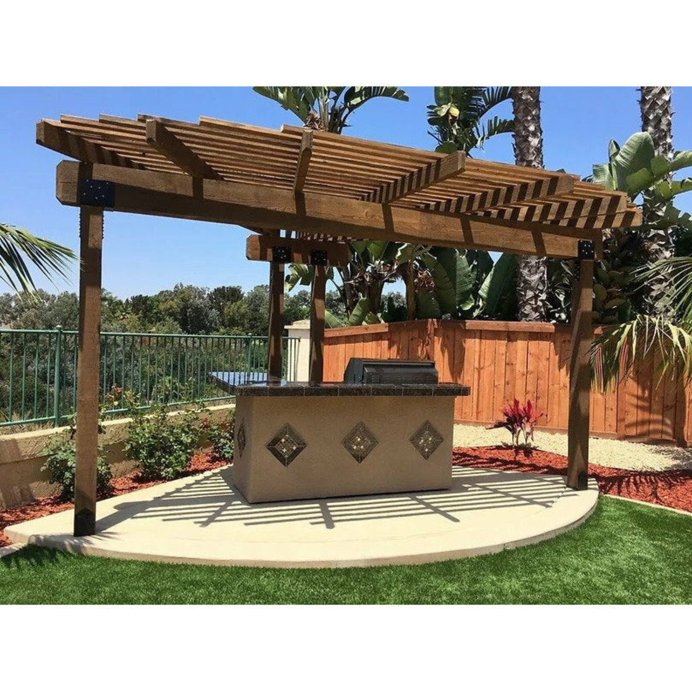 KoKoMo St. John 7'6" BBQ Island W High Bar on three sides and Lights 4 Burner BBQ Grill - St.John-H-bar