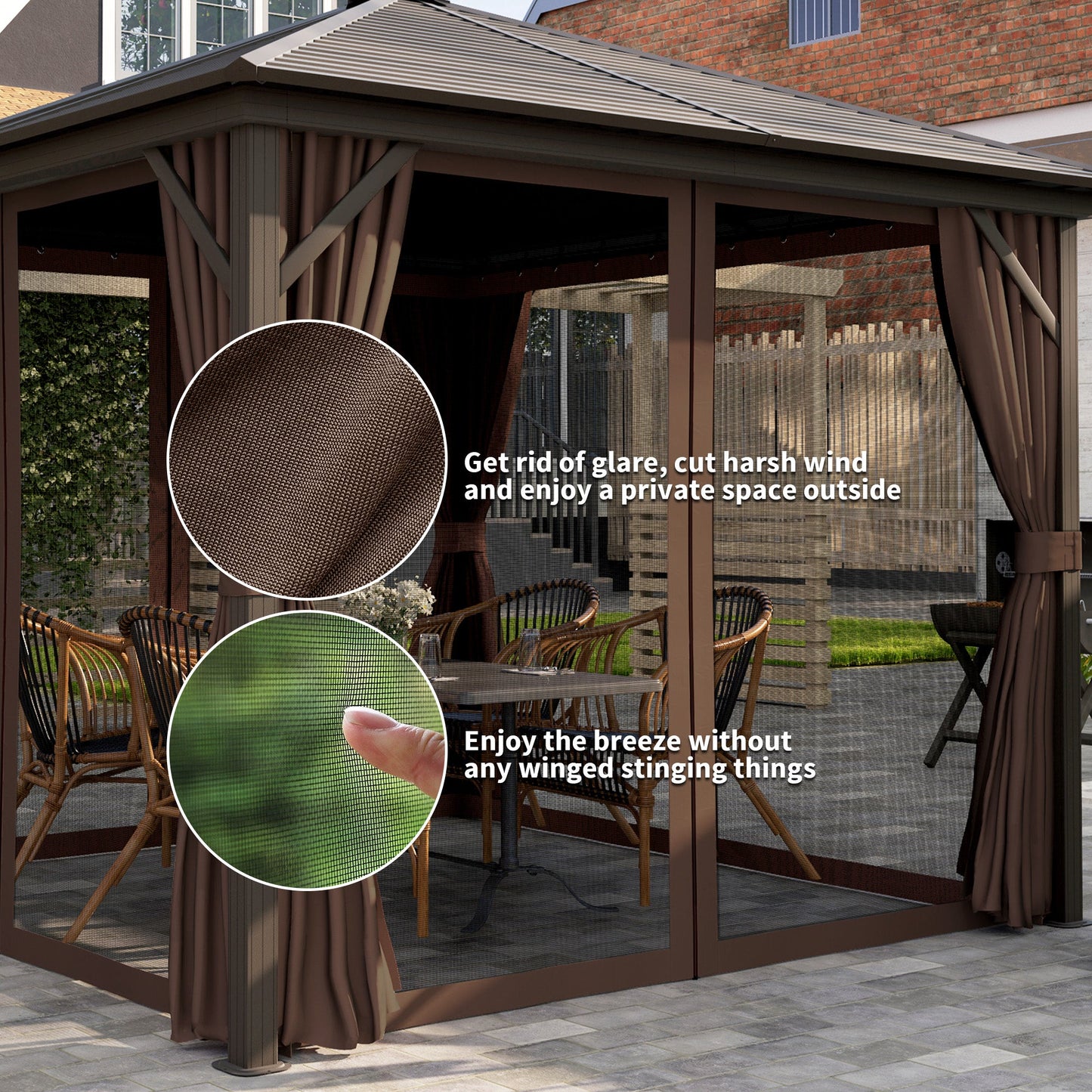 Outsunny 10' x 10' Hardtop Gazebo with Aluminum Frame & Curtains, Dark Brown - 84C-094V03DR
