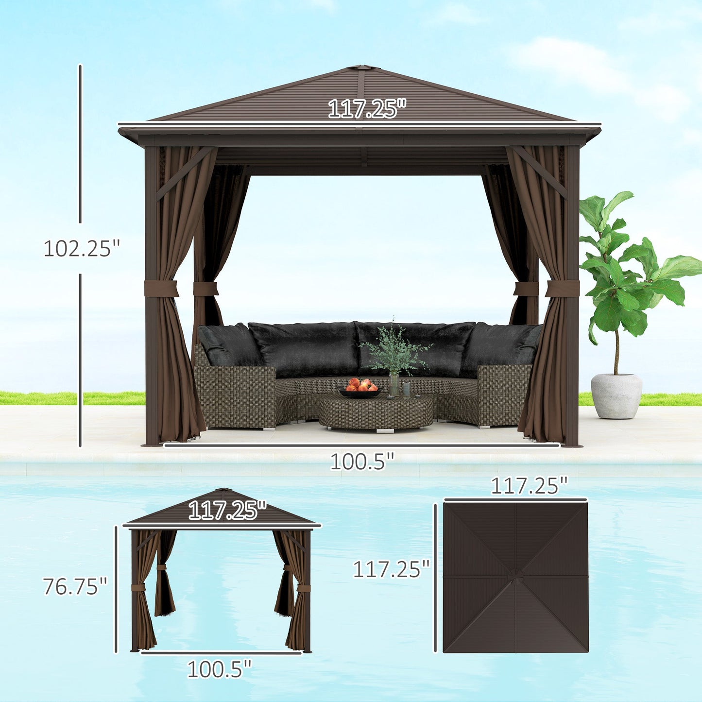 Outsunny 10' x 10' Hardtop Gazebo with Aluminum Frame & Curtains, Dark Brown - 84C-094V03DR