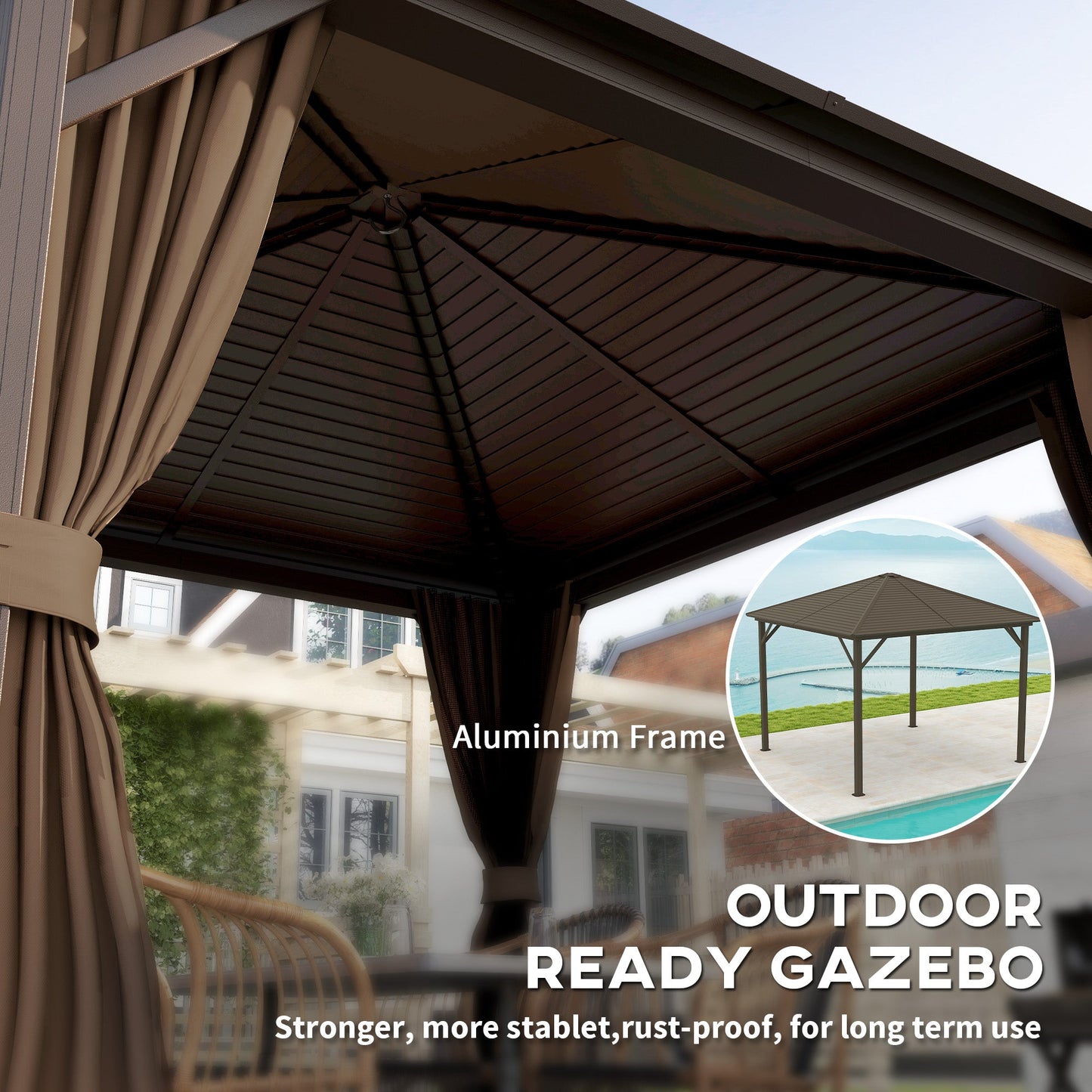 Outsunny 10' x 10' Hardtop Gazebo with Aluminum Frame & Curtains, Dark Brown - 84C-094V03DR