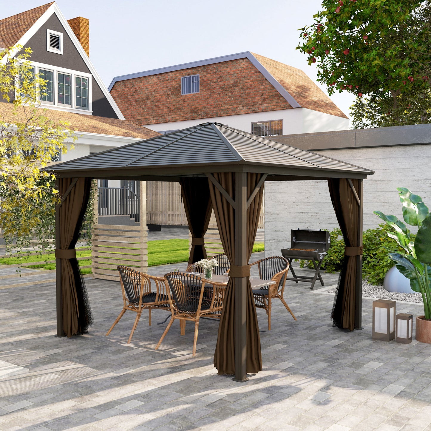 Outsunny 10' x 10' Hardtop Gazebo with Aluminum Frame & Curtains, Dark Brown - 84C-094V03DR