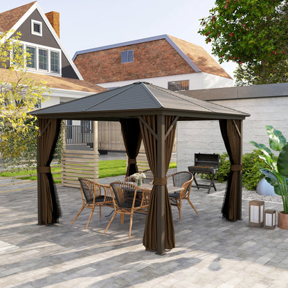 Outsunny 10' x 10' Hardtop Gazebo with Aluminum Frame & Curtains, Dark Brown - 84C-094V03DR