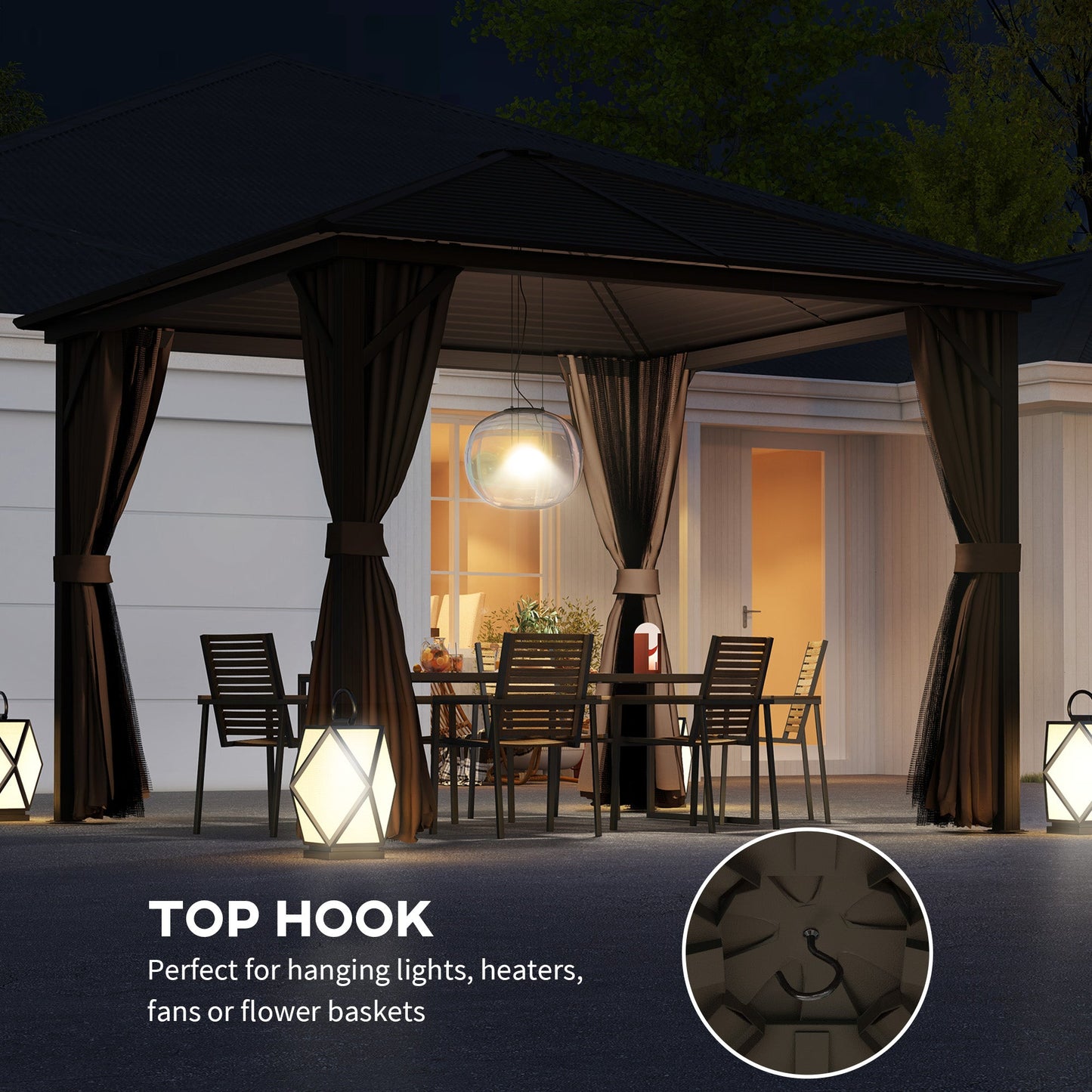 Outsunny 10' x 10' Hardtop Gazebo with Aluminum Frame & Curtains, Dark Brown - 84C-094V03DR