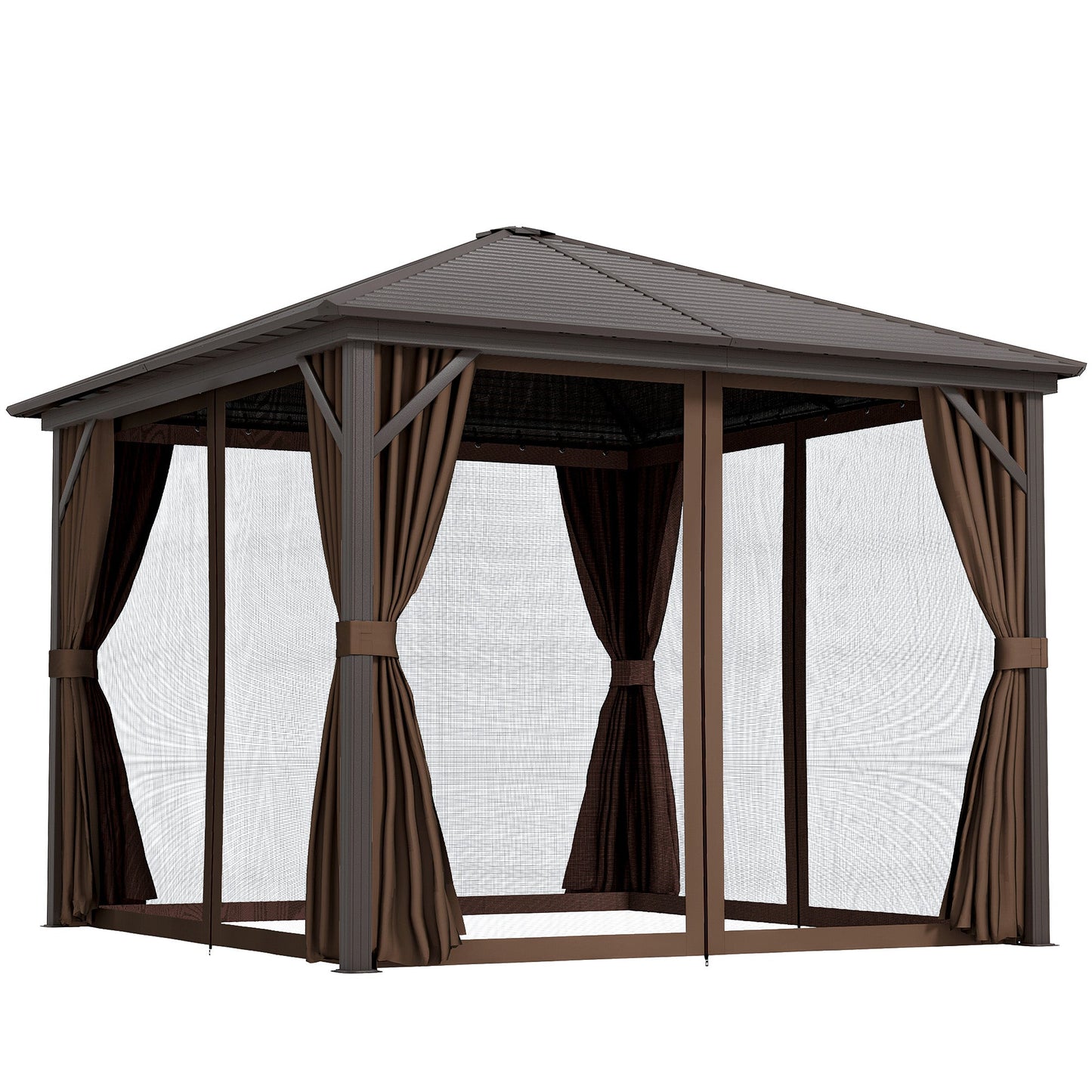 Outsunny 10' x 10' Hardtop Gazebo with Aluminum Frame & Curtains, Dark Brown - 84C-094V03DR