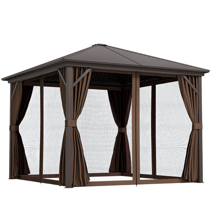 Outsunny 10' x 10' Hardtop Gazebo with Aluminum Frame & Curtains, Dark Brown - 84C-094V03DR