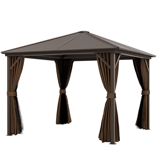 Outsunny 10' x 10' Hardtop Gazebo with Aluminum Frame & Curtains, Dark Brown - 84C-094V03DR