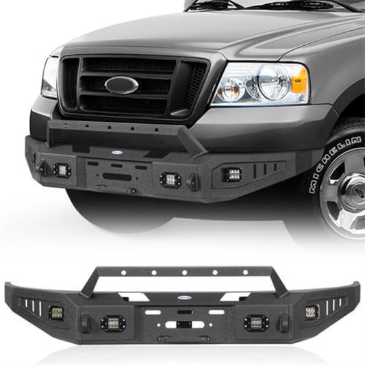 Hooke Road 2004-2008 Ford F-150 Aftermarket Full Width Front Bumper w/ Winch Plate & 4 LED Spotlights  - HE.8005
