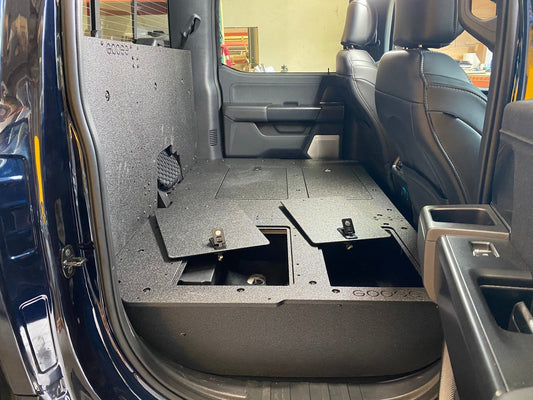 GOOSE GEAR Ford Super Duty Ford - F250-F350 - 2023-Present - 5th Gen. Crew Cab - Second Row Seat Delete Plate System with Factory B&O Subwoofer Center Wall with Exterior Port - 1210-GGR-SH