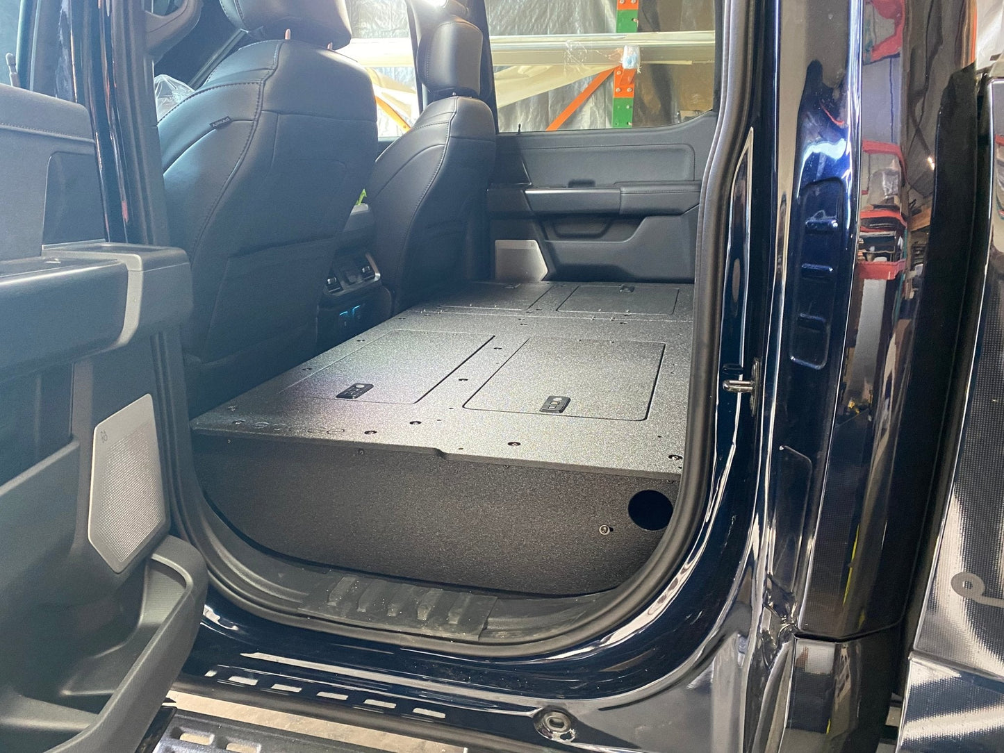 GOOSE GEAR Ford Super Duty Ford - F250-F350 - 2023-Present - 5th Gen. Crew Cab - Second Row Seat Delete Plate System with Factory B&O Subwoofer Center Wall with Exterior Port - 1210-GGR-SH